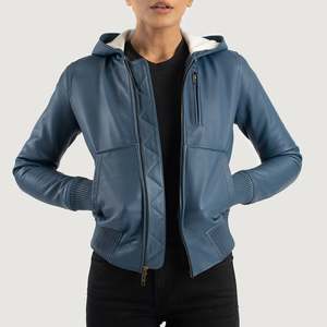 Blouson Bomber en Cuir Véritable Bleu GLOBAL LEATHER avec Capuche, Écologique, Style Urbain, Manches Longues, Fermeture Éclair, Vêtement d'Automne pour Femme - Product Image 3
