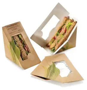 Caja de sándwich de papel Kraft triangular biodegradable ecológica con ventana de PET