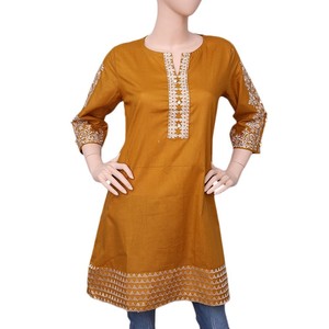 Women's Embroidered Cotton <b>Kurti</b> - Mustard - Product Image 3