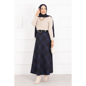 Jupe de plongée bleu marine à carreaux, coupe droite chic avec ceinture, en coton tricoté respirant, taille XS, pour l'été et l'automne, décontractée et tendance - Product Image 1