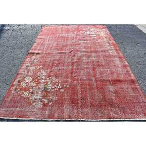 Turkish Rug, 6.7x10 ft Vintage Rug, <b>Red</b> White Abstract <b>Wool</b> Rug - Product Image 3