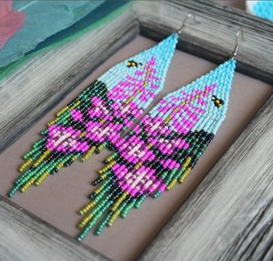 Mountain <b>Landscape</b> Beaded Earrings Fireweed Flowers Beadwork Earrings Pink Floral Fringe Boho Beaded Fringe Bead Earrings - Product Image 1