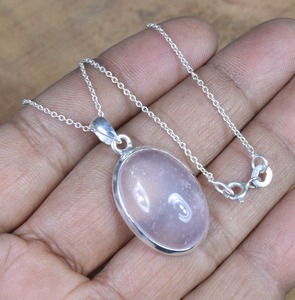 Pendentif en argent sterling 925 plaqué rhodium Quartz rose pierre précieuse ovale couleur rose cadeau de mariage parfait '925' bijoux estampillés - Product Image 4