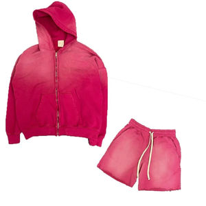 Custom Unisex Winter <b>Distressed</b> Street Men Sun Faded Drop Shoulder Zipper Hoodie With Short Sets 100% Cotton Fleece Wholesale - Product Image 2