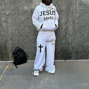 Ropa de calle de peso pesado personalizada unisex, Sudadera con capucha, pantalones de chándal holgados, conjunto de ropa de talla grande, diseño de impresión de pantalla, fabricantes - Product Image 1