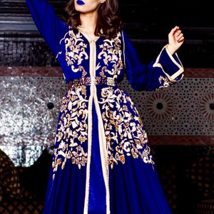 BEAUTIFUL BLUE ROYAL CAFTAN DRESS FOR EMBELLISH WITH CRYSTAL BEADS,GLASS STONE WORK ON <b>SILK</b> <b>FABRIC</b> FOR PARTY-WEAR/WEDDING@ 2022 - Product Image 1