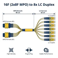 Cable de fibra óptica de matriz de salida múltiple (fan-out) MPO a LC de 16 núcleos, 2x 8F MPO hembra a 8x LC dúplex, LSZH, ramificaciones de 80 cm (MPO) y 50 cm (LC)