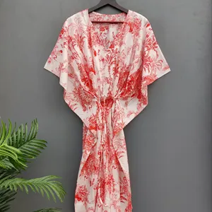 Wit En Rood Mooie Gedrukt Kimono Licht Gewicht Nachtkledij Hand Made Bloemen Katoen Kaftan Vrouwen Jurk