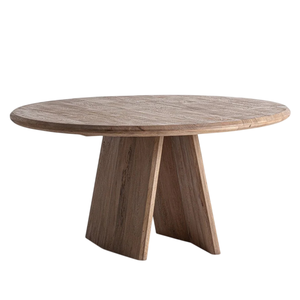 Table de salle à manger nordique moderne pour la maison, style bistrot asiatique, en bois de manguier massif, plateau rond épais, finition brun naturel, base sur piétement de forme angulaire - Product Image 1