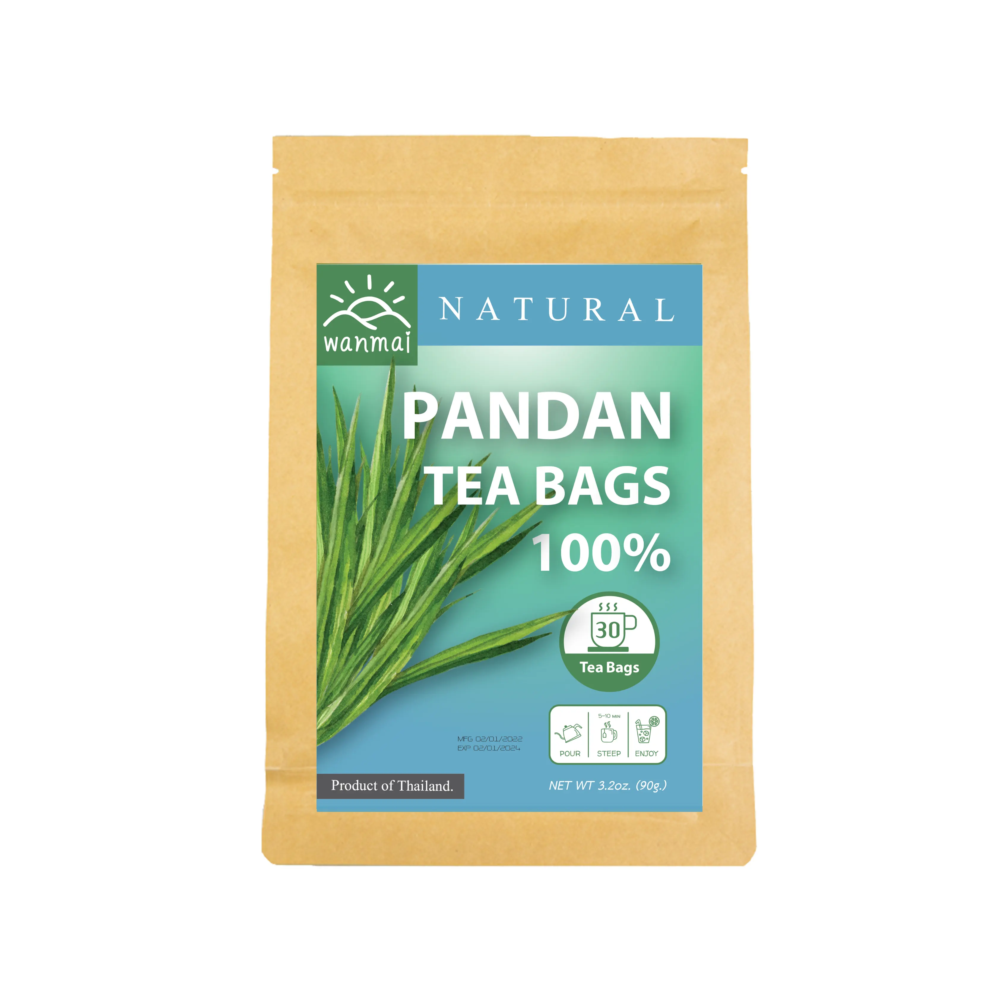 WANMAI29 Le thé Pandan prend en charge les régimes végétaliens et cétogènes 100% vraies herbes dans un sac de trempage Kraft