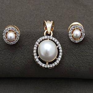 Simple Look Designer Gold White Finish Pendant Set with Pearl And <b>Small</b> <b>Stud</b> for Women's Special Occasions & Parties Made Brass - Product Image 1