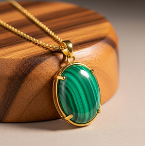 925 Sterling Silver Dainty Chain Daily Wear Bohème Naturel Malachite Ovale Forme Pendentif Lunette Réglage Cristal De Guérison - Product Image 4