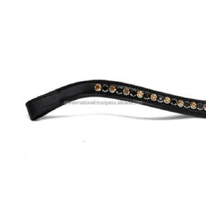 Bande de front de cheval en cuir noir en forme de vague de super qualité avec des cristaux noirs et dorés chaîne en métal bride bande de front en plein épi - Product Image 3