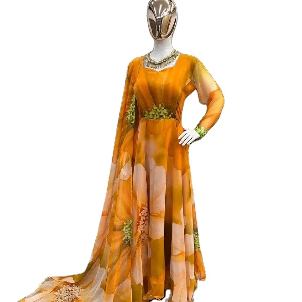 美しいサテンピンク色のインドのデジタルプリントVネックデザインのフルスリーブドレスとシャララプラゾドレス