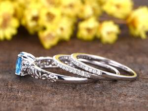 แหวนหมั้นเพชรสีฟ้าประดับพลอยสีทอง14K ทรงรีสำหรับผู้หญิงแหวนแต่งงาน - Product Image 3