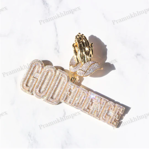 Collier personnalisable pour homme/unisexe, pendentif main en prière, en argent sterling, plaqué or rose, serti de moissanite, style hip-hop, avec fermoir à griffe - Product Image 1