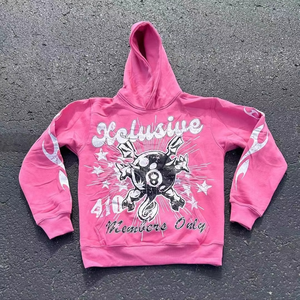 Sudadera con capucha para hombre de felpa 100% algodón personalizada, con bordado de parches desgastados, impresión DTG, pedrería de colores, efecto descolorido por el sol y dobladillo sin rematar cosido. - Product Image 1