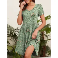 Femmes couleur verte imprimé fleuri à manches courtes robes décontracté coupe ample balançoire t-shirt robe col en V robe d'été avec poches de BD
