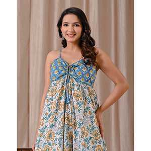 Vestido de Algodón Estampado en Bloques Azul y Blanco con Tirantes Finos, Diseño Elegante y Casual de Boutique, Talla Única, Transpirable, Cintura Natural - Product Image 1