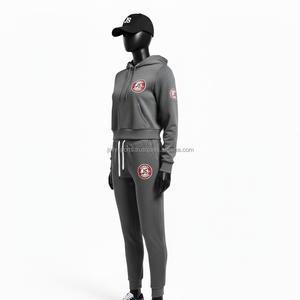 Chándal de algodón y poliéster GSM de primera calidad para mujer, conjunto de chándal con capucha gris de tela polar suave, chándales estampados con logotipo personalizado de talla grande - Product Image 4