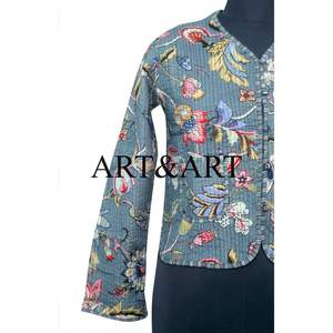 Chaqueta Informal Acolchada con Cuello en V para Mujer, Chaqueta de Algodón con Estampado Floral en Bloques, Blazer Hecho a Mano de Manga Corta y Larga para Mujer - Product Image 2