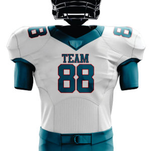 Uniforme de football américain sublimé en polyester 100% personnalisé, matériel d'équipe en sergé blanc sarcelle respirant, maillot court à l'avant - Product Image 2