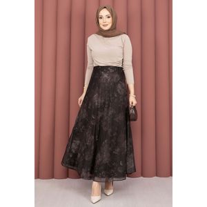 Jupe courte droite en tulle marron à motif batik, taille empire, en organza doux et respirant avec broderie, taille XS - Product Image 1