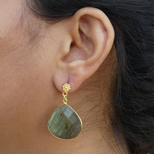 Vêtements de tous les jours 925 bijoux en argent Sterling plaqué or Labradorite pierres précieuses femmes portent un ensemble de boucles d'oreilles suspendues - Product Image 5