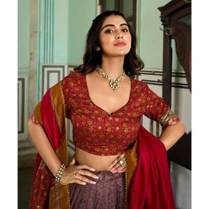 Top qualité Tussar soie traditionnelle indienne Lehenga Choli ensemble avec Kashmiri et feuille impression Blouse disponible à des prix compétitifs - Product Image 6