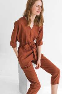Summer Sweet Style Loose <b>Linen</b> Overall Jumpsuit Floor-Length Belted <b>Romper</b> Natural Waistline Eco-Friendly Woven Washable Solid - Product Image 4