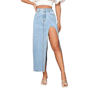 Jupe en jean délavée taille haute style streetwear avec fente latérale, boutonnée, ouverte, jupe crayon pour femmes - Product Image 1