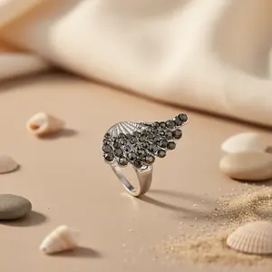 <b>Silver</b> Wing <b>Statement</b> <b>Ring</b> with Black Gemstones for Women Fashionable Solitaire Inlay HipHop Trendy Style - Product Image 2