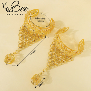 Luxury 24K Gold Hollow Flower Wrists Bracelet <b>Ring</b> <b>Arab</b> Bridal Beaded Big Hand Chain Finger Jewelry Set for Women - Product Image 5