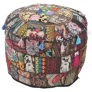 Culture Décoratif Vintage Patchwork Pouf Couverture Ronde Patchwork Brodé Pouf Ottoman Couverture Noir Coton Floral - Product Image 1