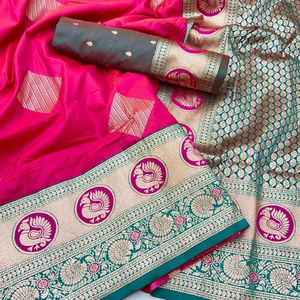 ชุดส่าหรีผ้าไหม Banarasi ดีไซน์เนอร์ที่สวยงามพร้อมด้วยเสื้อไหมนุ่มสวยงามสำหรับงานแต่งงานและงานปาร์ตี้ - Product Image 1