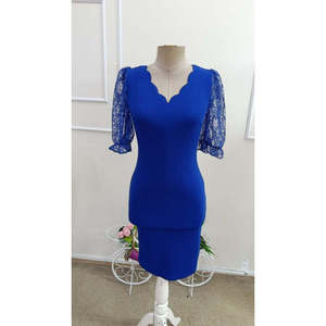 Robe en crêpe scintillante à manches courtes, col en V, détail croisé sur le côté, dentelle, pour femme, 35028 - Bleu Saks - Product Image 4