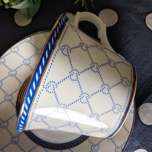 Tasse à café et soucoupe en porcelaine fine Shin Tai Yuan, motif corde bleue, bord doré, impression par transfert d'eau, cadeau promotionnel de Taïwan - Product Image 3