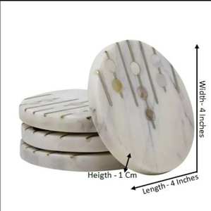 Luxury round <b>white</b> marble <b>coasters</b> set with holder featuring intricate shell stone inlay available at wholesale prices - Product Image 1