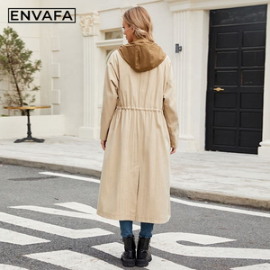 Gabardina Larga Color Caqui de Alta Calidad, Personalizada, Resistente al Viento, para Mujer, con Cordón Ajustable, Doble Botonadura y Capucha - Product Image 3