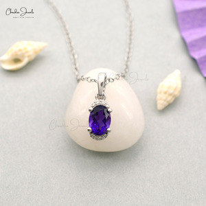 Colgante de Compromiso de Oro Blanco Sólido de 14k con Media Corona de Diamantes, Amatista de Corte Ovalado de 7x5mm, Colgante para Mujer, Regalo Hecho a Mano para Hermana - Product Image 4