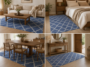 Handcrafted Blue <b>White</b> Moroccan Lattice Geometric Cotton Kilim <b>Rug</b> Modern Scandinavian Flatweave Absorbent Thick Living Room - Product Image 2