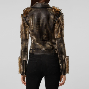 Chaqueta de cuero con tachuelas elegante de alta calidad para mujer, venta al por mayor, chaqueta de cuero genuino cálida de Invierno para mujer - Product Image 3