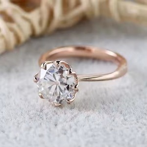 Diamant 14K Or Massif Vieux Européen Coupe Ronde VS1 Lab Grown Bague de Fiançailles Bague Cathédrale Tulipe Réglage Solitaire Bague de Promesse - Product Image 1