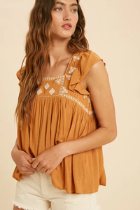 Top smock à manches cloche brodé bohème chic, col carré, en rayonne et viscose, crop top boutonné, style vintage simple, Noël - Product Image 4