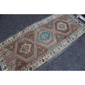 Rug Vintage Rug, 7.3x3.4 ft Turkish Rug, <b>Brown</b> Geometric <b>Wool</b> Rug - Product Image 2