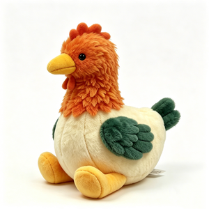 Cabeza con plumas naranjas, cuerpo color crema, alas de plumas verde oscuro, pico y patas amarillos, peluche de textura esponjosa, asiento redondo y regordete. - Product Image 1