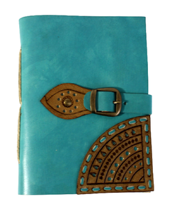 สมุดบันทึกหนังแท้ลายแพะสีเทอร์ควอยซ์ พร้อมโลโก้แบบกำหนดเอง  กระดาษฝ้ายรีไซเคิลแท้ทำมือ  ตกแต่งด้วยสีทองแบบสตencil - Product Image 1