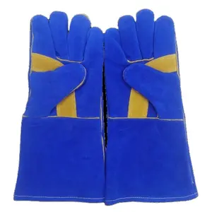 Blue Welding Gloves With Yellow Reinforced Path Palm Made Of Highly Durable Quality For Welding Purpose Welder Leather Product