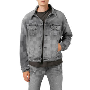 Trendy Fashion Washed Classic Casual Grey <b>Black</b> Slim Fit Denim <b>Jean</b> Coat Men's Distressed Denim <b>Jacket</b> - Product Image 3