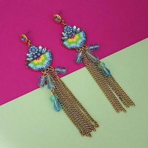 Urthn <b>Fashion</b> Tassel <b>Earrings</b> with Blue Stone Chain 1311825A <b>Drop</b> Tassel Design - Product Image 1
